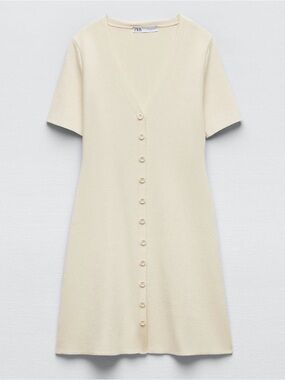 Zara Cream Button-Down V-Neck Short Sleeve Mini Dress